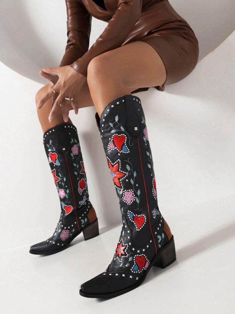 Bottes Cuir Pu Pour Femmes Bout Pointu Talon Épais Mi-mollet Chaussures Mariage Cowgirl - Noir
