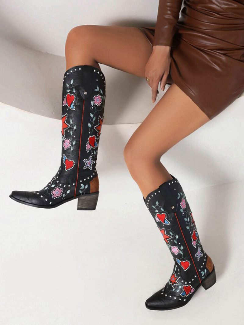 Bottes Cuir Pu Pour Femmes Bout Pointu Talon Épais Mi-mollet Chaussures Mariage Cowgirl - Noir