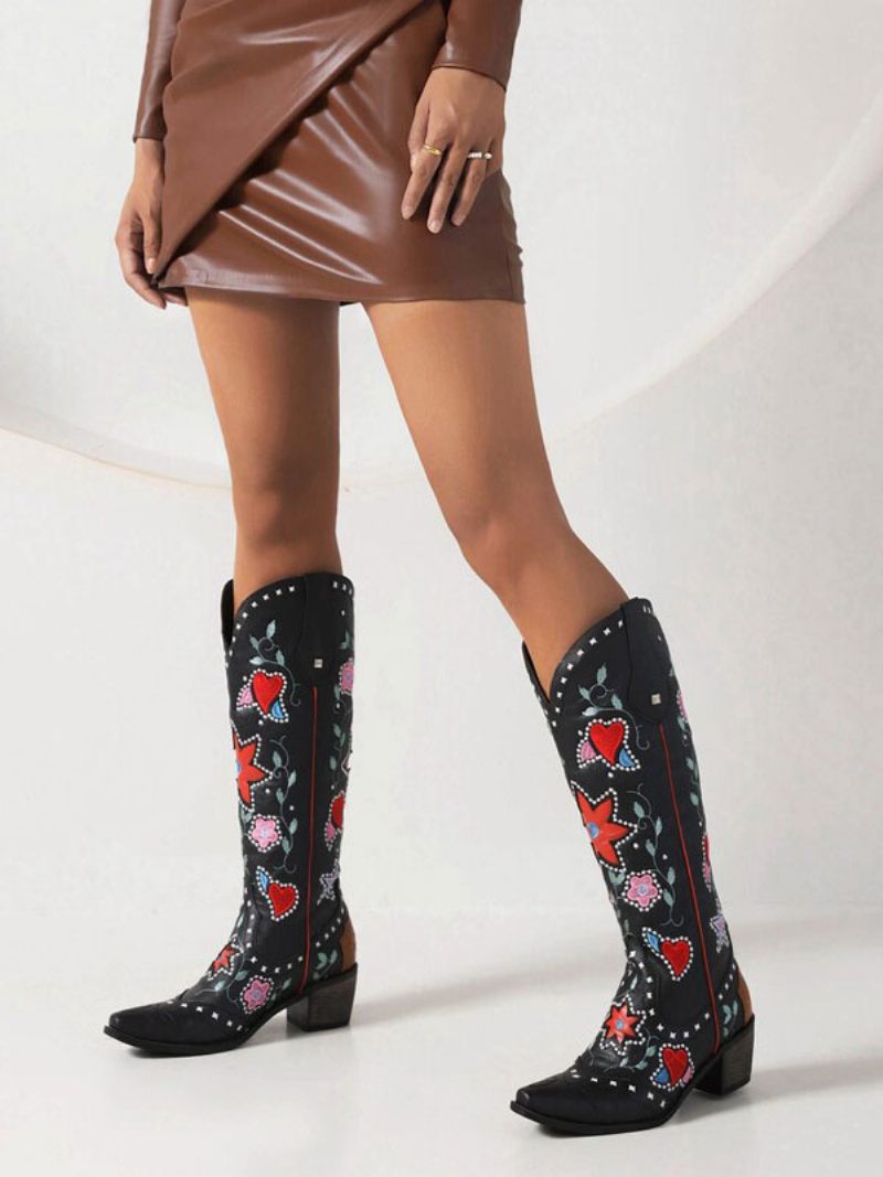 Bottes Cuir Pu Pour Femmes Bout Pointu Talon Épais Mi-mollet Chaussures Mariage Cowgirl - Noir
