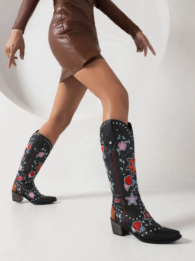 Bottes Cuir Pu Pour Femmes Bout Pointu Talon Épais Mi-mollet Chaussures Mariage Cowgirl - Noir