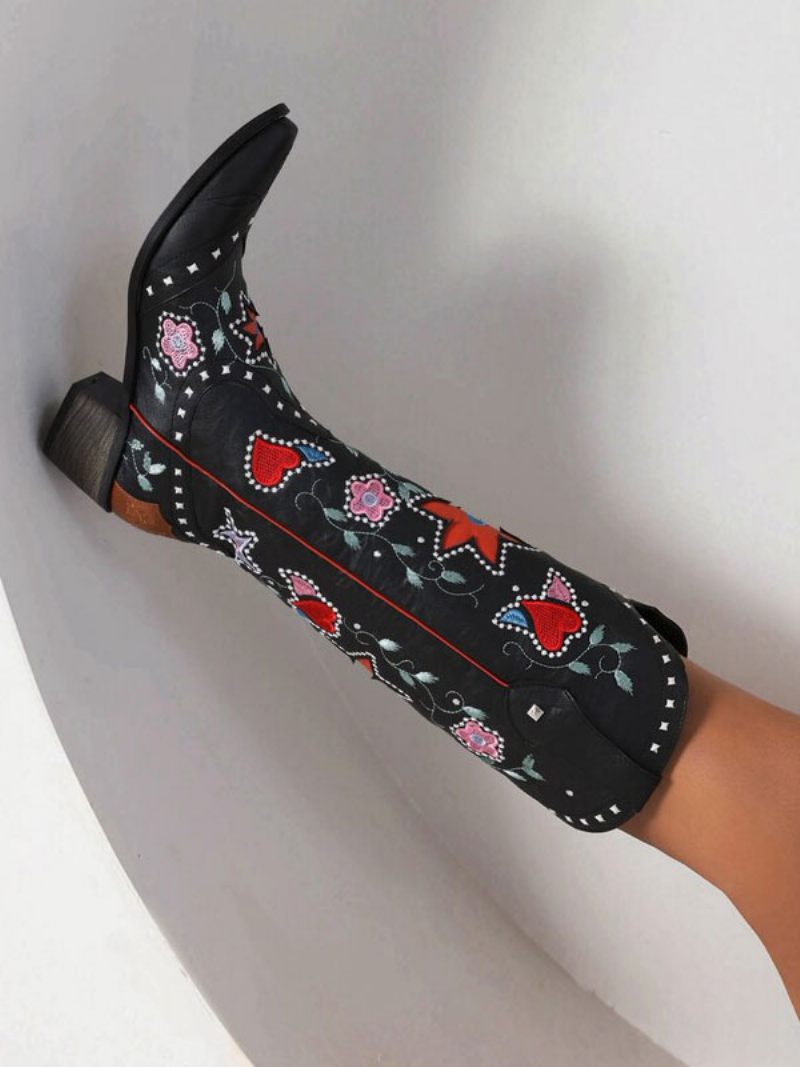 Bottes Cuir Pu Pour Femmes Bout Pointu Talon Épais Mi-mollet Chaussures Mariage Cowgirl - Noir