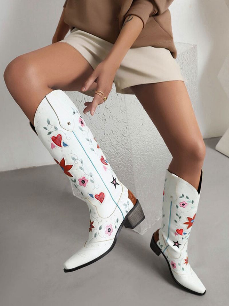 Bottes Cuir Pu Pour Femmes Bout Pointu Talon Épais Mi-mollet Chaussures Mariage Cowgirl - Blanc