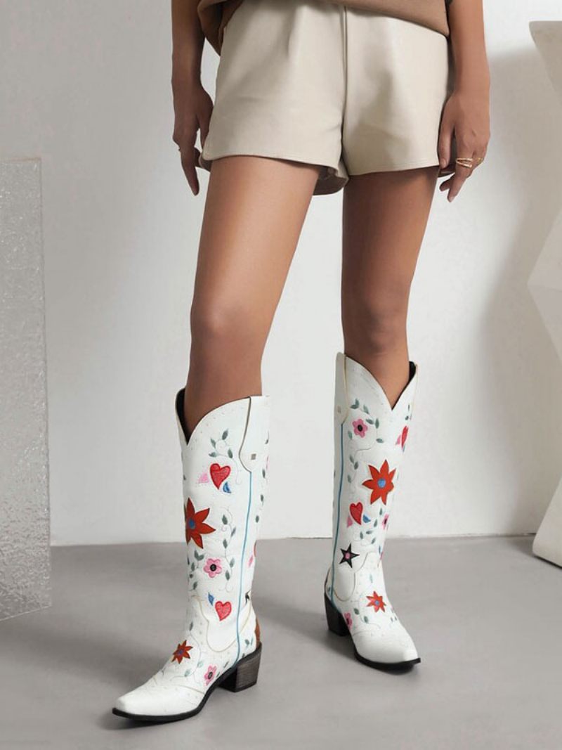 Bottes Cuir Pu Pour Femmes Bout Pointu Talon Épais Mi-mollet Chaussures Mariage Cowgirl - Blanc