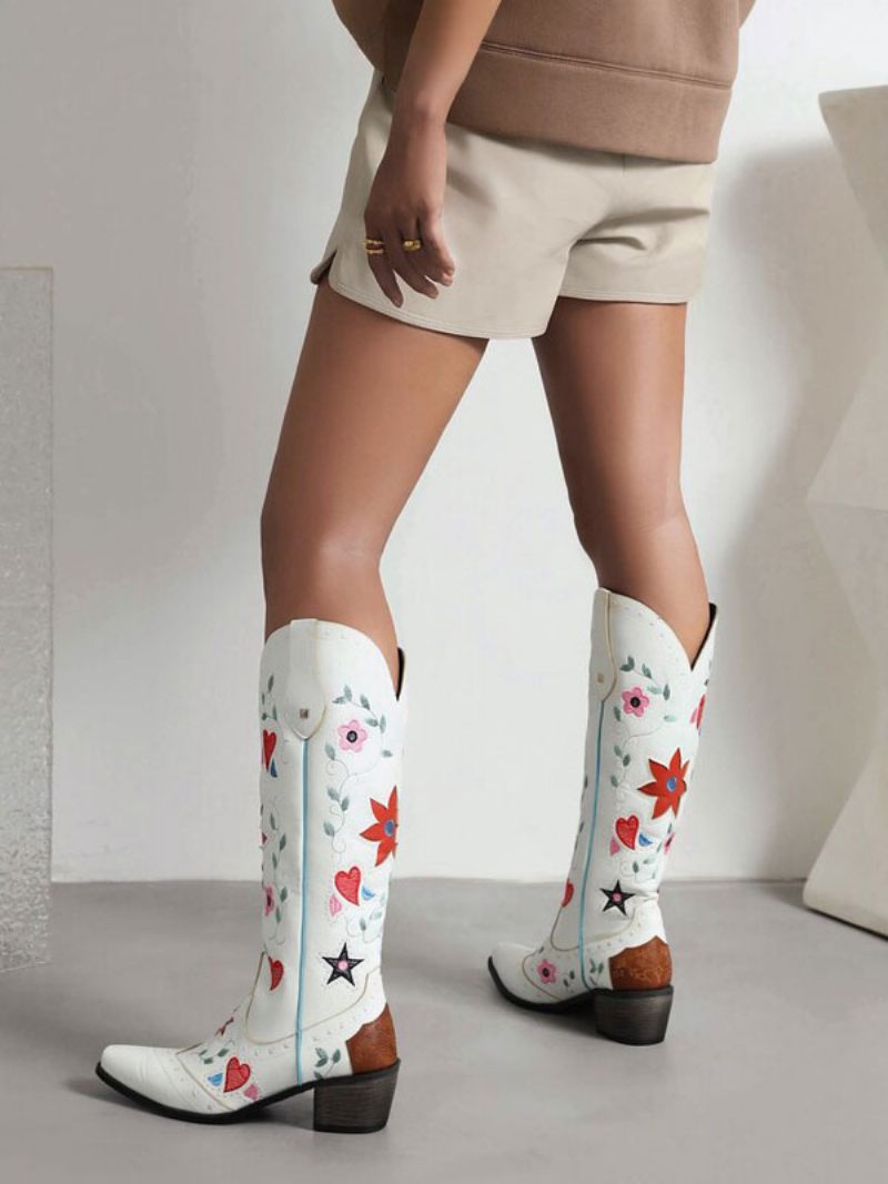 Bottes Cuir Pu Pour Femmes Bout Pointu Talon Épais Mi-mollet Chaussures Mariage Cowgirl - Blanc