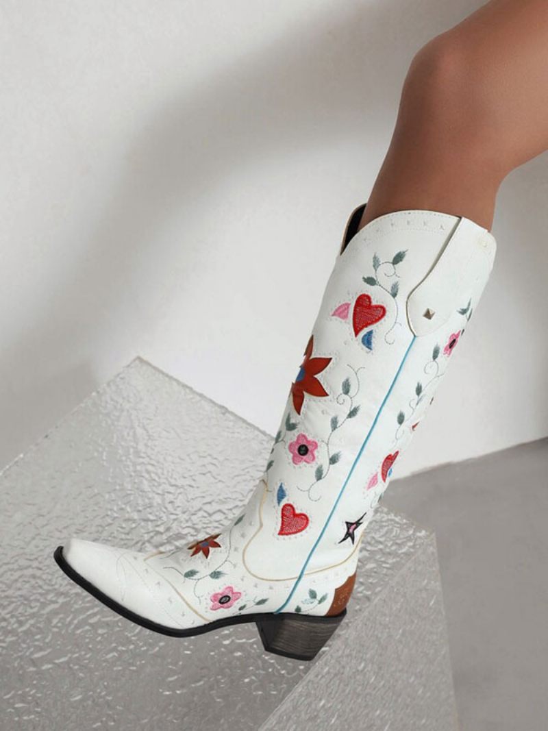 Bottes Cuir Pu Pour Femmes Bout Pointu Talon Épais Mi-mollet Chaussures Mariage Cowgirl - Blanc