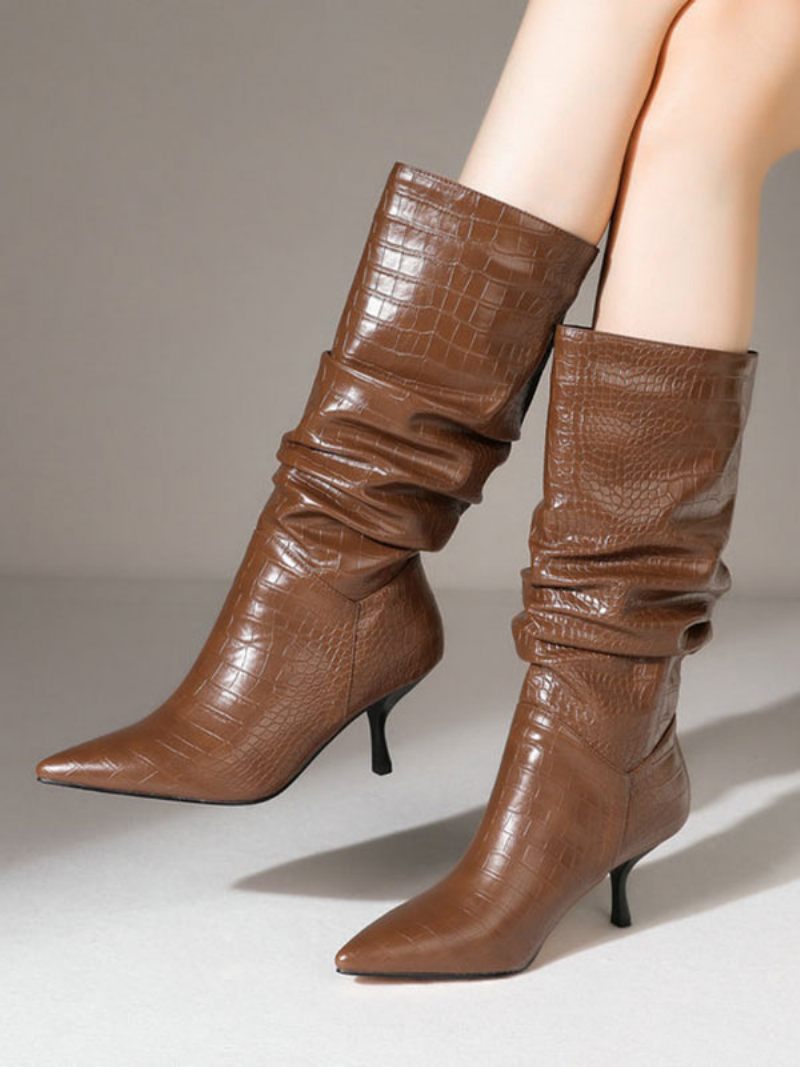 Bottes Femme Talon Aiguille Bout Pointu Cuir Pu Mi-mollet Noires - Marron Café