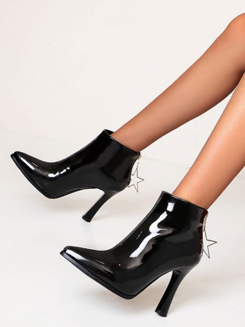 Bottes Pour Femmes Oragnge Bottines Cuir Noir À Bout Pointu Et Talon Épais - Noir