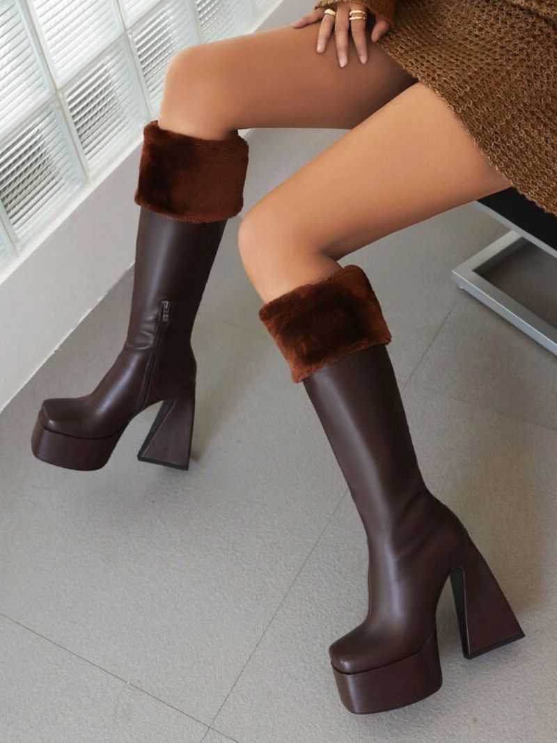 Bottes Hautes Au Genou Pour Femmes Plateforme Blanche Bout Carré Talon Épais D'hiver - Brun Foncé