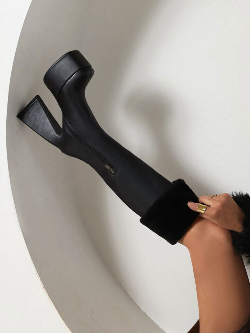 Bottes Hautes Au Genou Pour Femmes Plateforme Blanche Bout Carré Talon Épais D'hiver - Noir