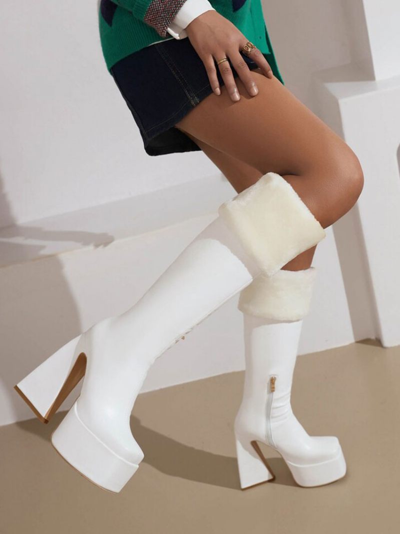 Bottes Hautes Au Genou Pour Femmes Plateforme Blanche Bout Carré Talon Épais D'hiver - Blanc