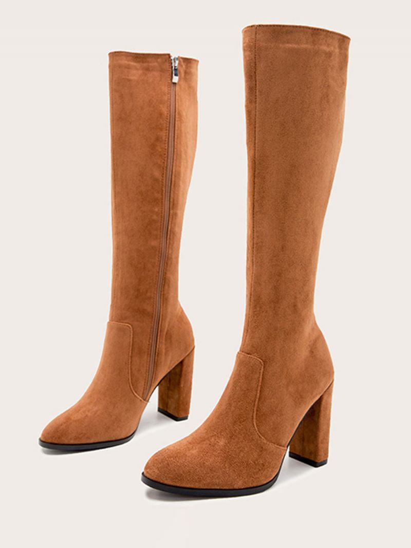 Bottes Hautes Daim Pour Femmes Zippées À Talons Épais