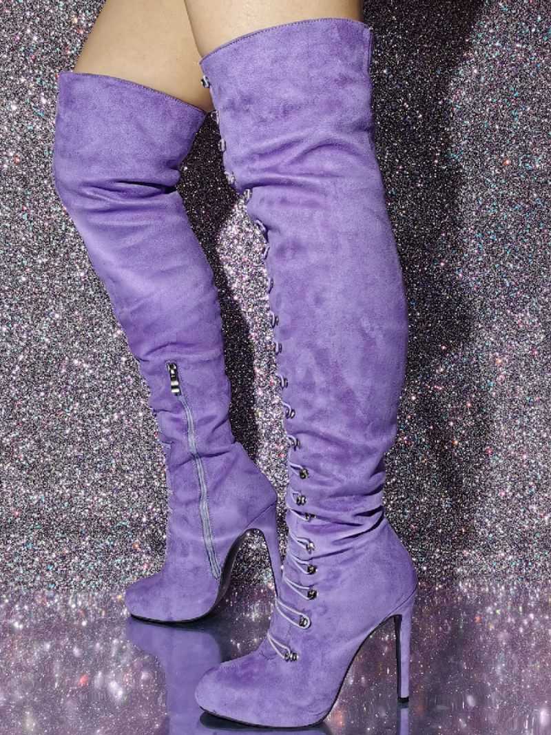 Bottes Hautes Pour Femmes Bout Rond Talon Aiguille Dessus Micro-daim - Lavande