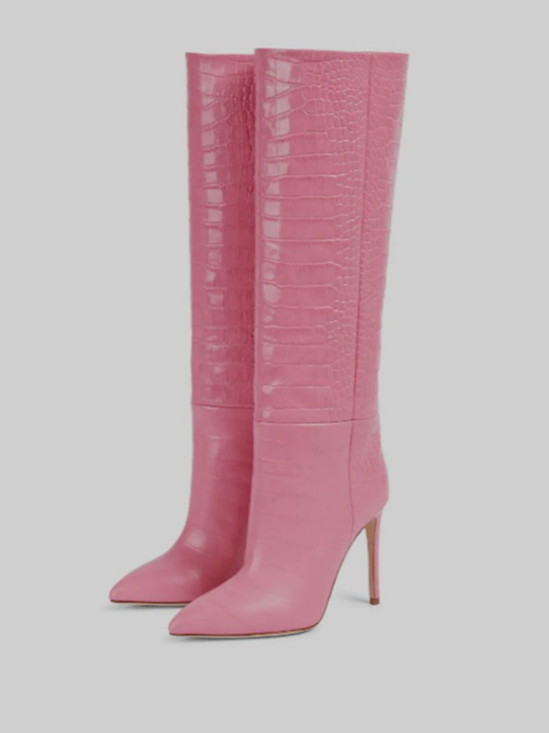 Bottes Hautes Roses Pour Femmes Bout Pointu Motif Croco À Talons Aiguilles