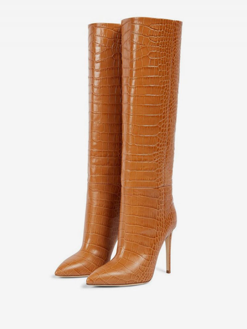 Bottes Hautes Roses Pour Femmes Bout Pointu Motif Croco À Talons Aiguilles - Marron Café
