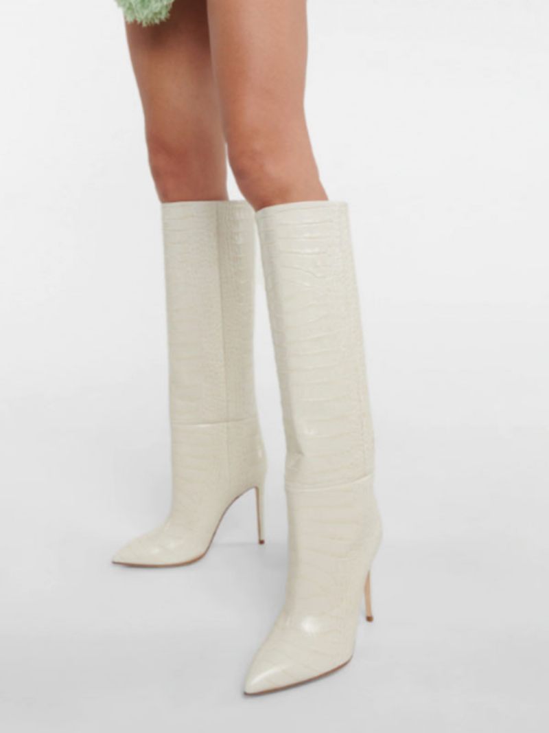 Bottes Hautes Roses Pour Femmes Bout Pointu Motif Croco À Talons Aiguilles - Beige