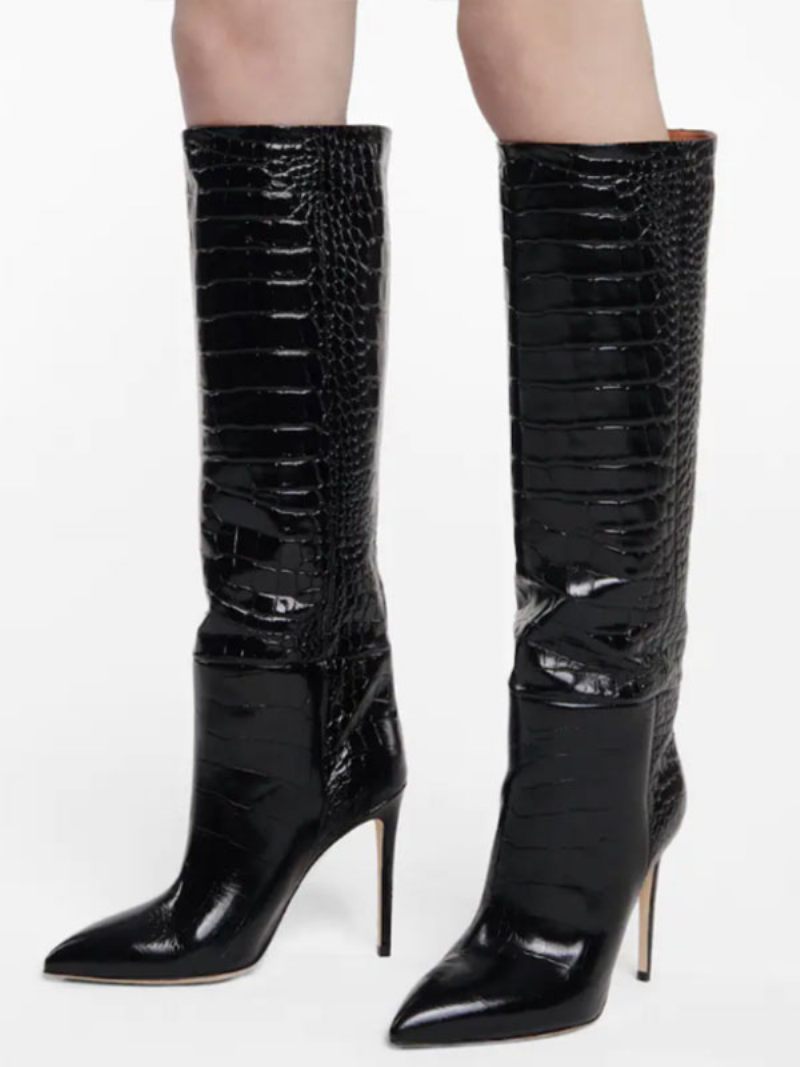 Bottes Hautes Roses Pour Femmes Bout Pointu Motif Croco À Talons Aiguilles - Noir