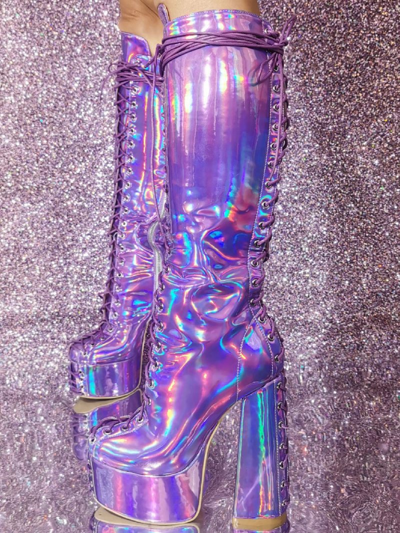 Bottes Hautes À Talons Épais Et Plateforme Sexy Pour Femmes Lacets Métalliques - Violet
