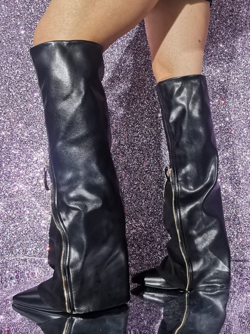 Bottes Hauteur Genou Cuir Pu À Talon Aiguille Pour Femmes - Noir