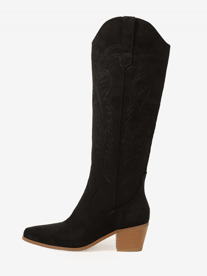 Bottes Hauteur Genou À Talon Épais Micro-daim Pour Femmes - Noir