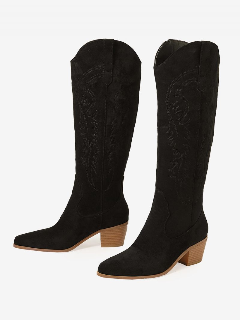 Bottes Hauteur Genou À Talon Épais Micro-daim Pour Femmes - Noir