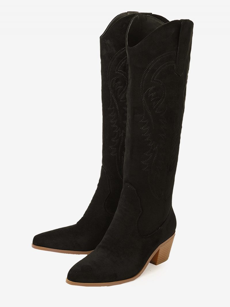 Bottes Hauteur Genou À Talon Épais Micro-daim Pour Femmes - Noir
