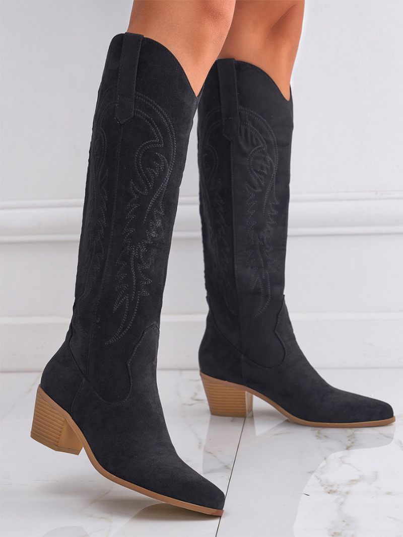 Bottes Hauteur Genou À Talon Épais Micro-daim Pour Femmes - Noir