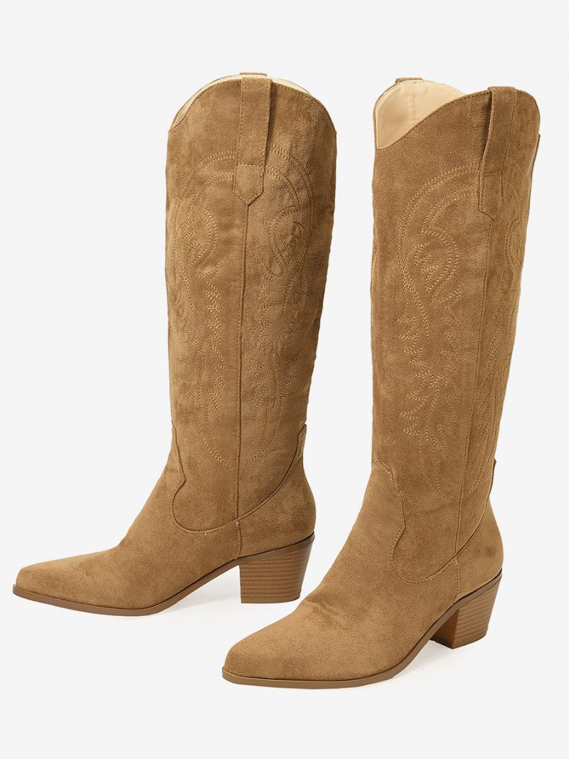Bottes Hauteur Genou À Talon Épais Micro-daim Pour Femmes - Kaki