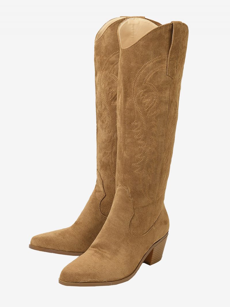 Bottes Hauteur Genou À Talon Épais Micro-daim Pour Femmes - Kaki