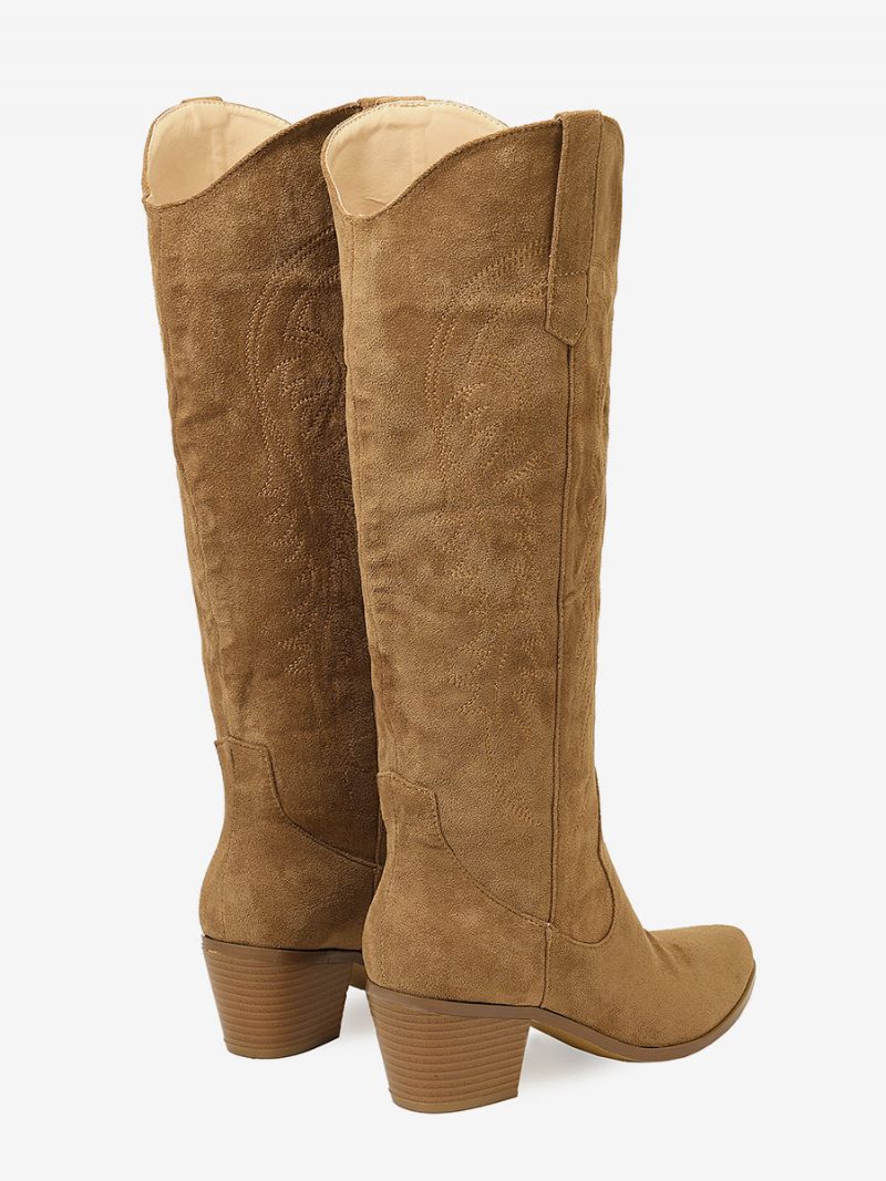 Bottes Hauteur Genou À Talon Épais Micro-daim Pour Femmes - Kaki