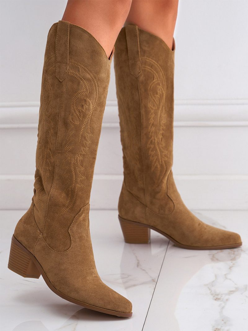 Bottes Hauteur Genou À Talon Épais Micro-daim Pour Femmes - Kaki