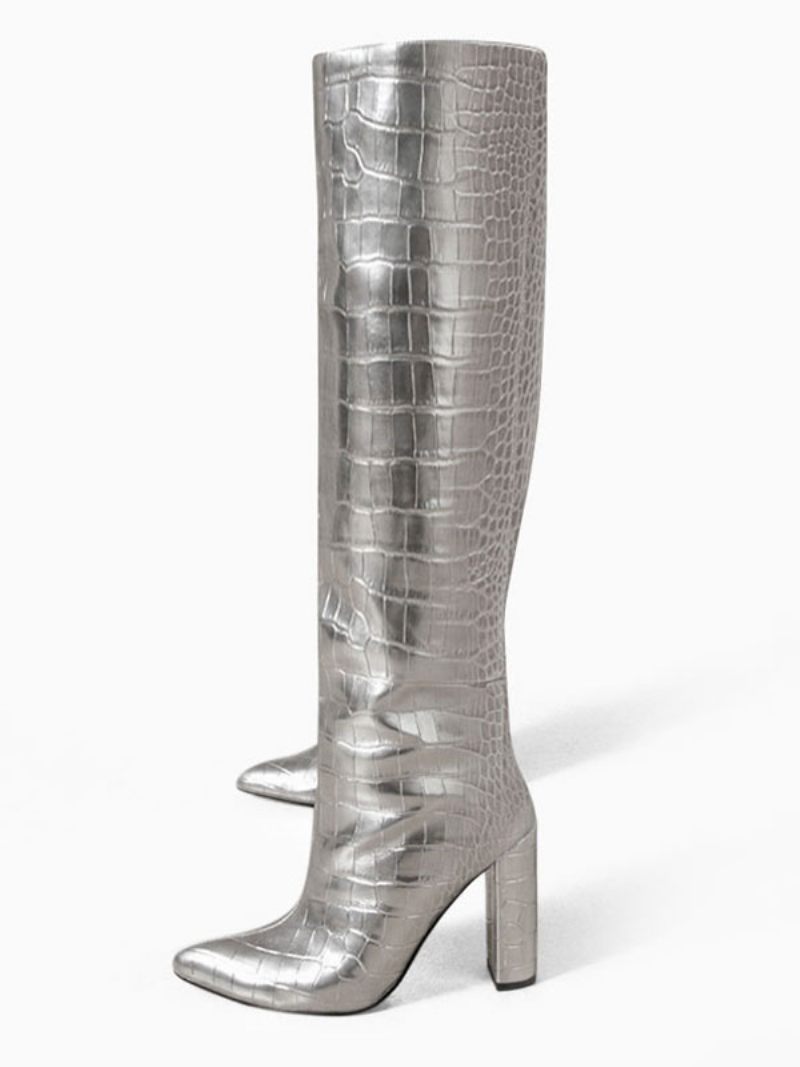 Bottes Hauteur Genou À Talons Épais Et Imprimé Croco Pour Femmes - Argent