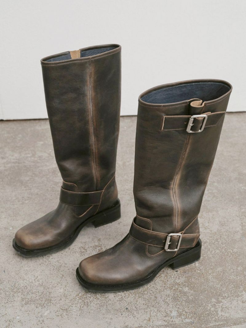 Bottes À Larges Griffes Pour Femmes Bout Rond Détail Boucle Hautes Plates Au Genou