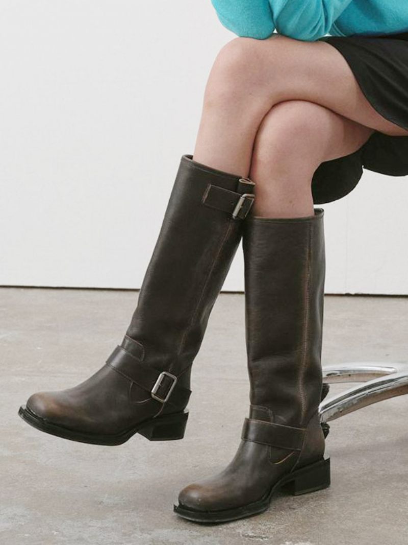 Bottes À Larges Griffes Pour Femmes Bout Rond Détail Boucle Hautes Plates Au Genou - Café Brun