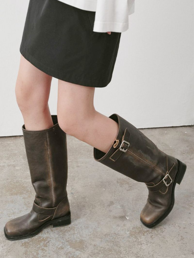 Bottes À Larges Griffes Pour Femmes Bout Rond Détail Boucle Hautes Plates Au Genou - Café Brun
