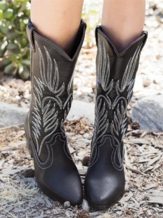 Bottes Mi-mollet À Bout Pointu Et Talon Épais Cuir Pu Pour Femmes