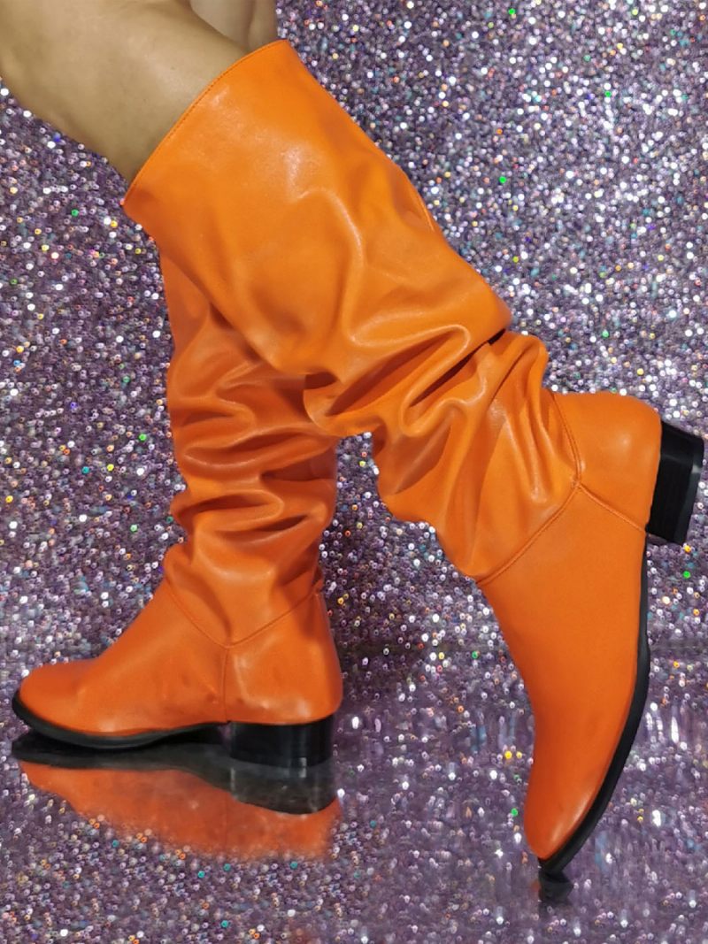Bottes Mi-mollet Pour Femmes Paillettes Cuir Pu Bout Rond Talon Chiot - Orange
