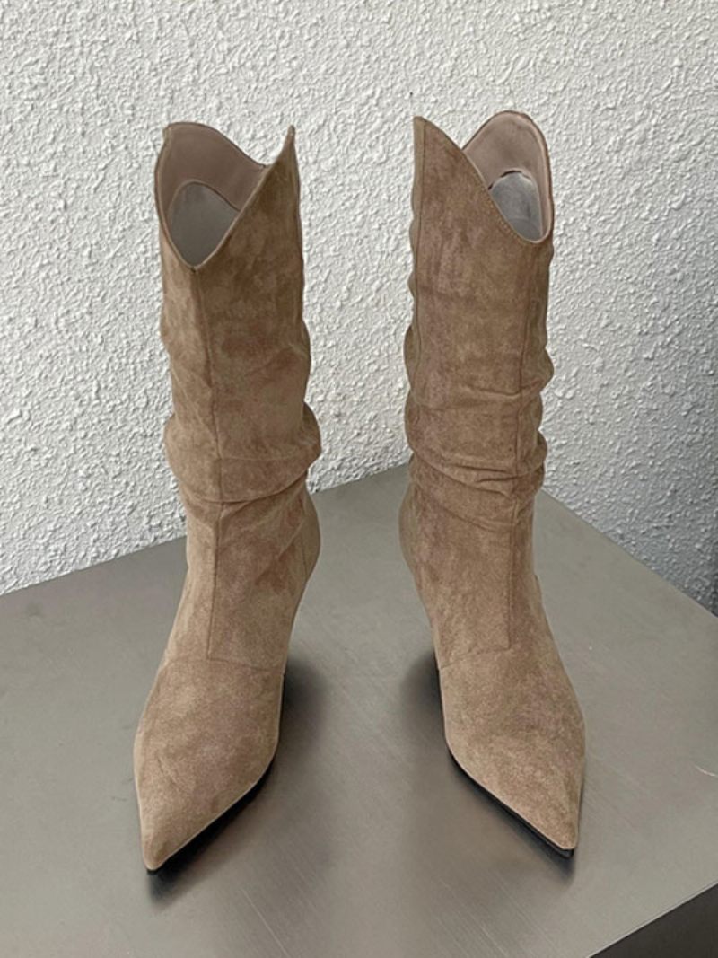 Bottes Mi-mollet Pour Femmes À Talons Aiguilles Et Bout Pointu Micro-daim - Jaune Clair