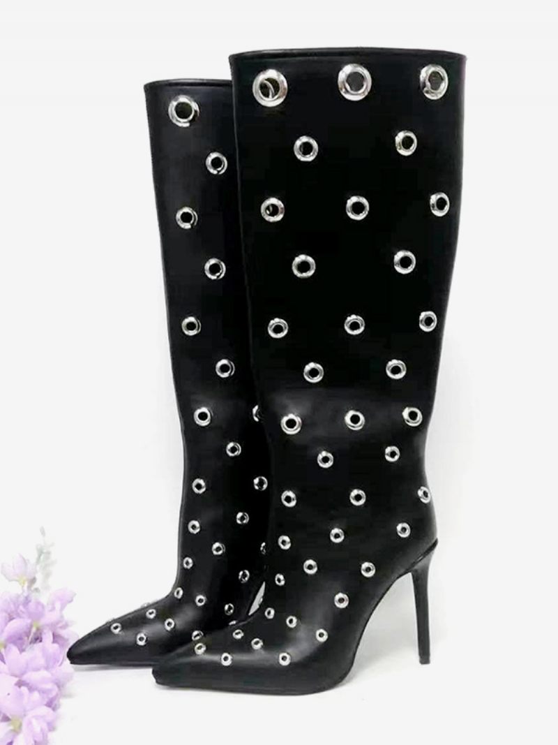 Bottes Mi-mollet Noires Pour Femmes Découpées À Bout Pointu Et Talons Aiguilles