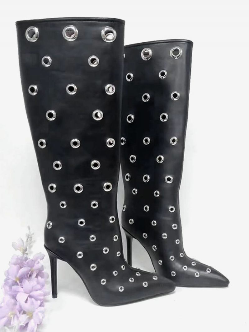 Bottes Mi-mollet Noires Pour Femmes Découpées À Bout Pointu Et Talons Aiguilles - Noir