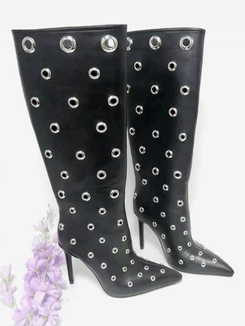 Bottes Mi-mollet Noires Pour Femmes Découpées À Bout Pointu Et Talons Aiguilles - Noir