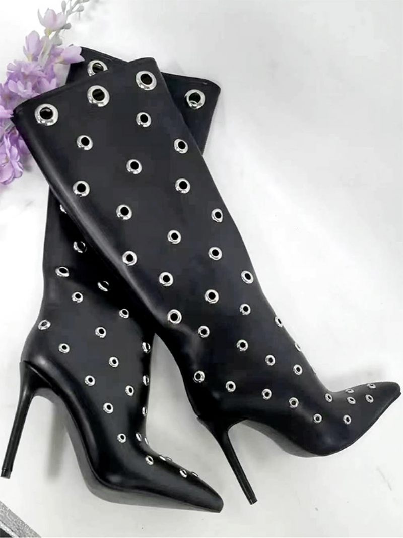 Bottes Mi-mollet Noires Pour Femmes Découpées À Bout Pointu Et Talons Aiguilles - Noir