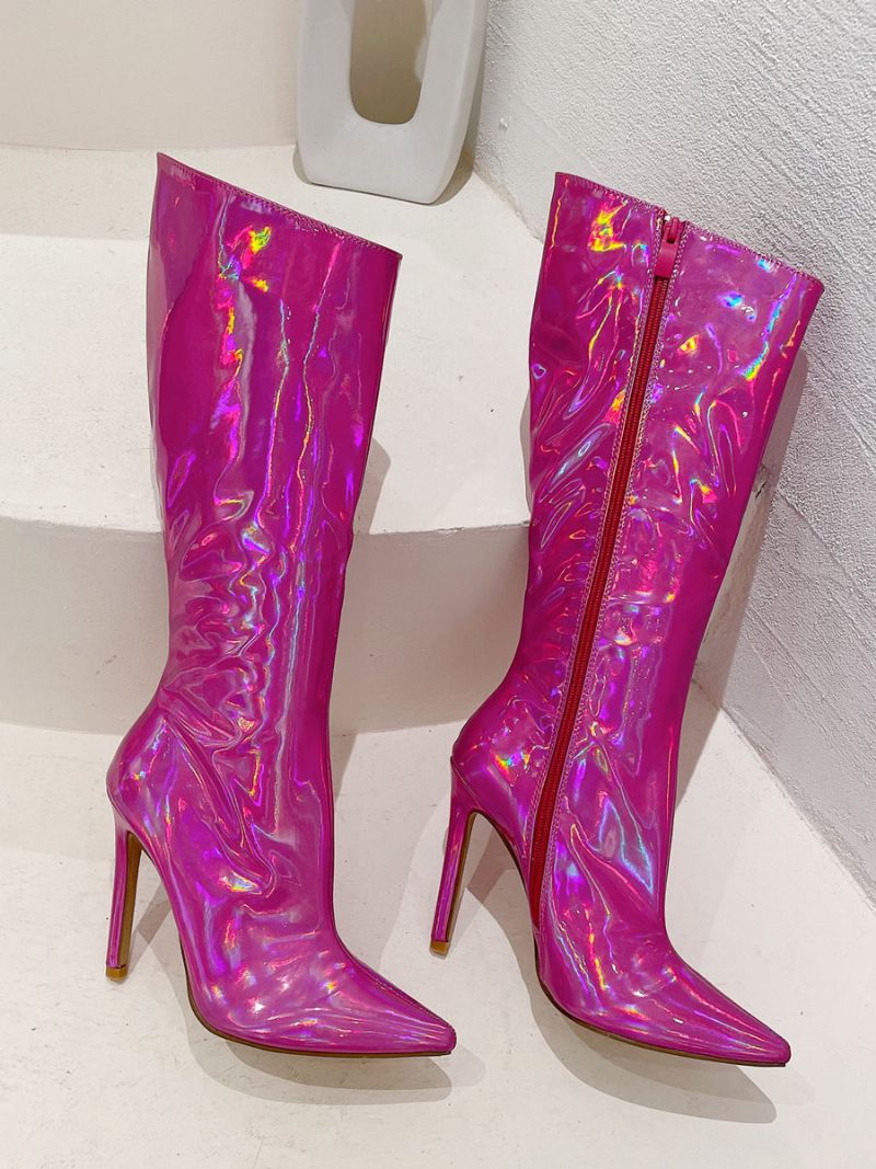 Bottes À Mollet Larges Pour Femmes Hautes Chics Bout Pointu Et Talons - Rose