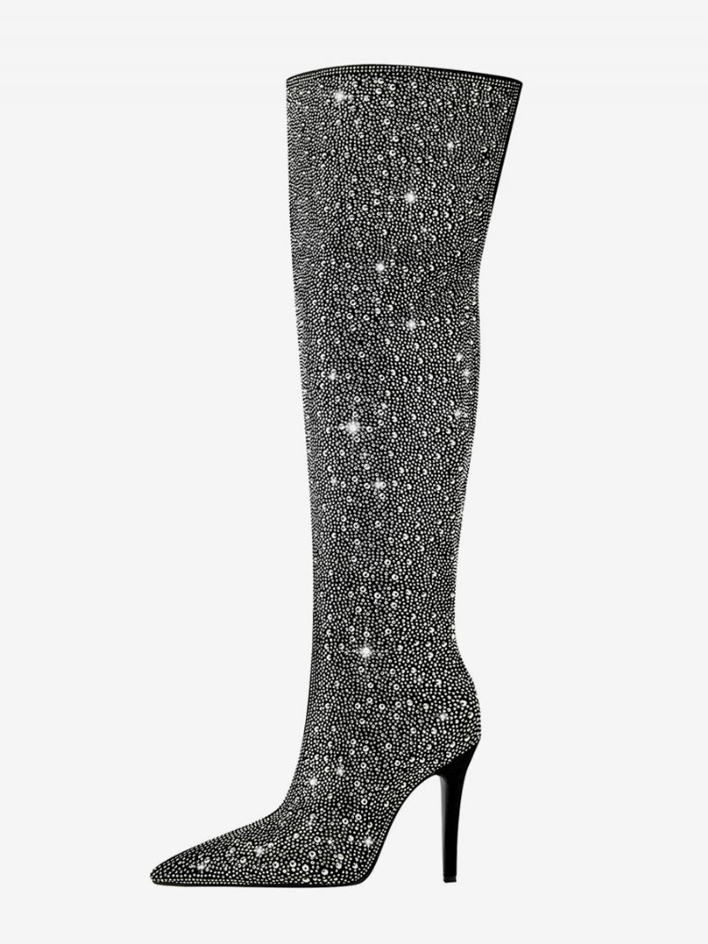Bottes Soirée Au Dessus Du Genou Pour Femmes Strass Noirs Bout Pointu Talon Haut Cuissardes Hautes