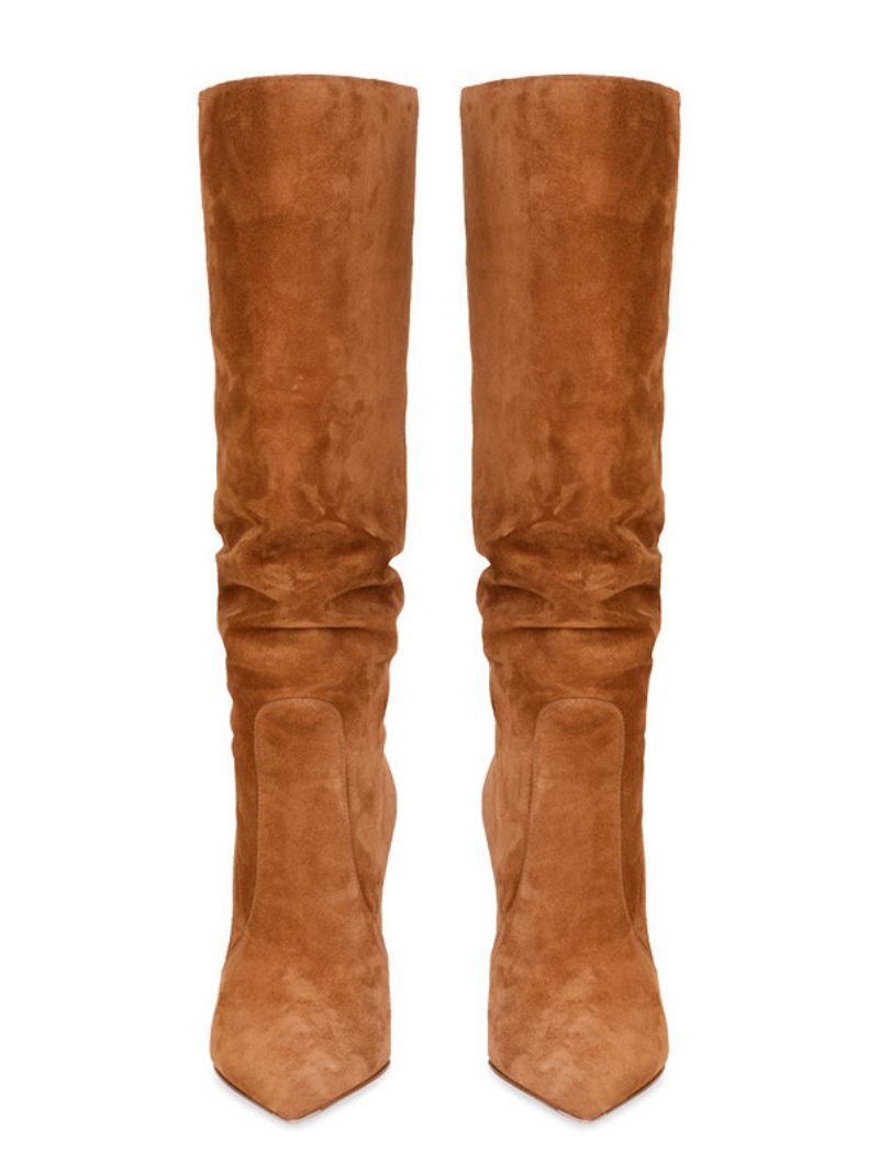 Bottes Souples Daim Pour Femmes Bout Pointu Talons Hauts Hautes - Marron Café