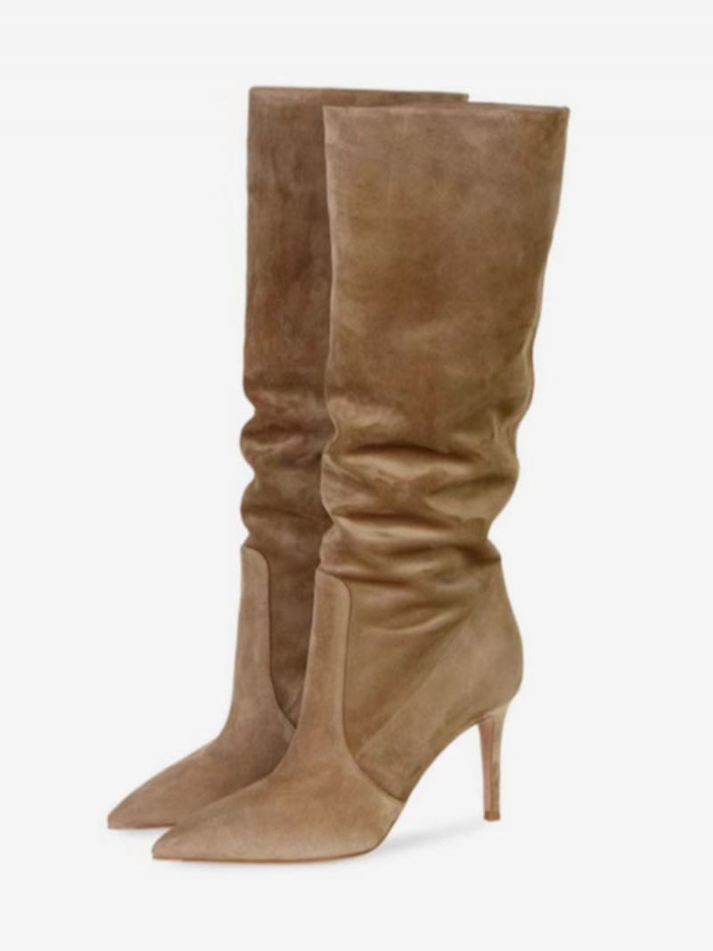 Bottes Souples Daim Pour Femmes Marron À Bout Pointu Et Talon Aiguille Mi-mollet - Jaune Clair Profond