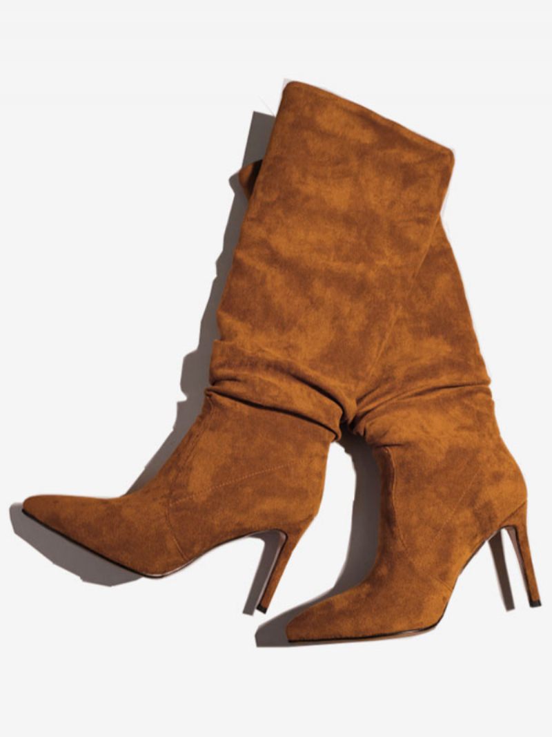 Bottes Souples Daim Pour Femmes Marron À Bout Pointu Et Talon Aiguille Mi-mollet - Marron Café