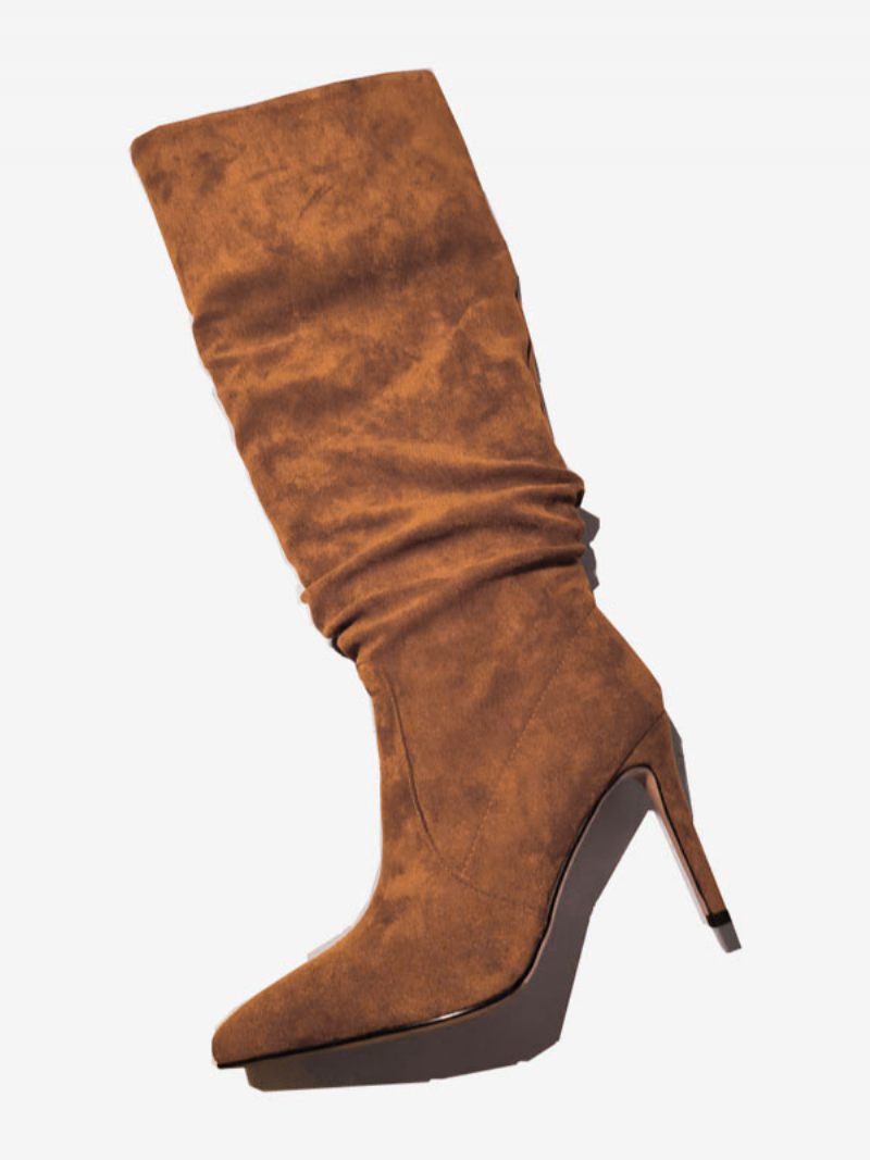 Bottes Souples Daim Pour Femmes Marron À Bout Pointu Et Talon Aiguille Mi-mollet - Marron Café