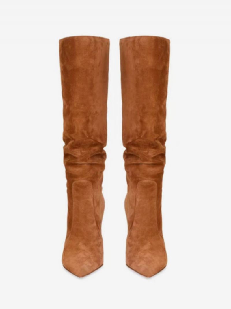 Bottes Souples Daim Pour Femmes Marron À Bout Pointu Et Talon Aiguille Mi-mollet - Marron Café