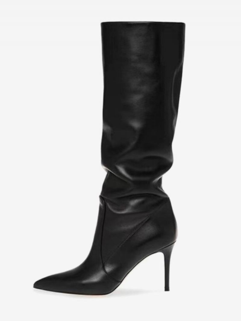 Bottes Souples Daim Pour Femmes Marron À Bout Pointu Et Talon Aiguille Mi-mollet - Noir
