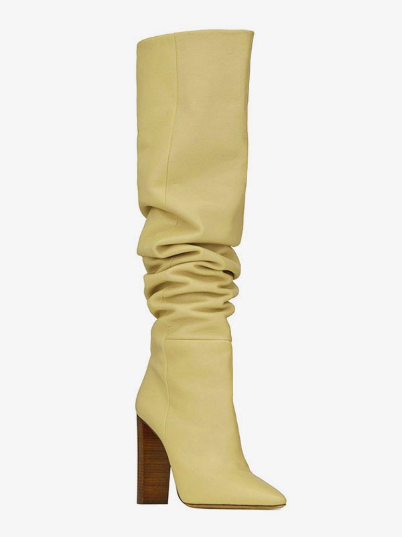 Bottes Souples Pour Femmes Kaki Bout Pointu Talon Épais Hautes - Kaki